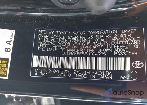 2023 Toyota Corolla Hybrid Le z USA, uszkodzony, nr VIN JTDBCMFE5PJ004995